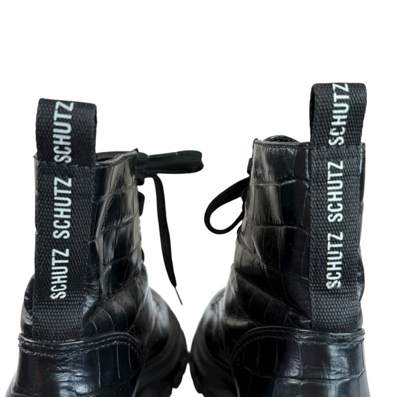 Schutz Black Croc-Embossed Leather Chunky Lug Sole Combat Platform Boots 7.5 - Picture 10 of 16